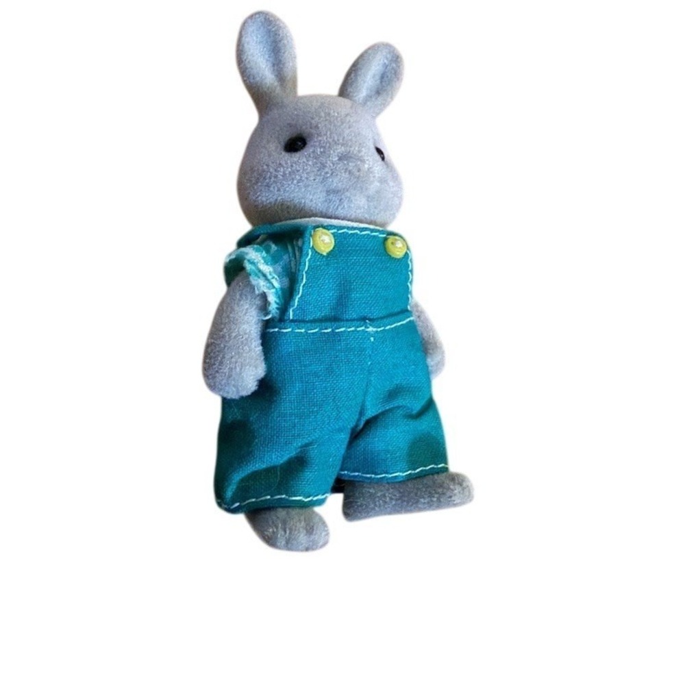 Vintage Sylvanian Families Rocky Babblebrook Gray Rabbit Father Figure Teal 3.5"